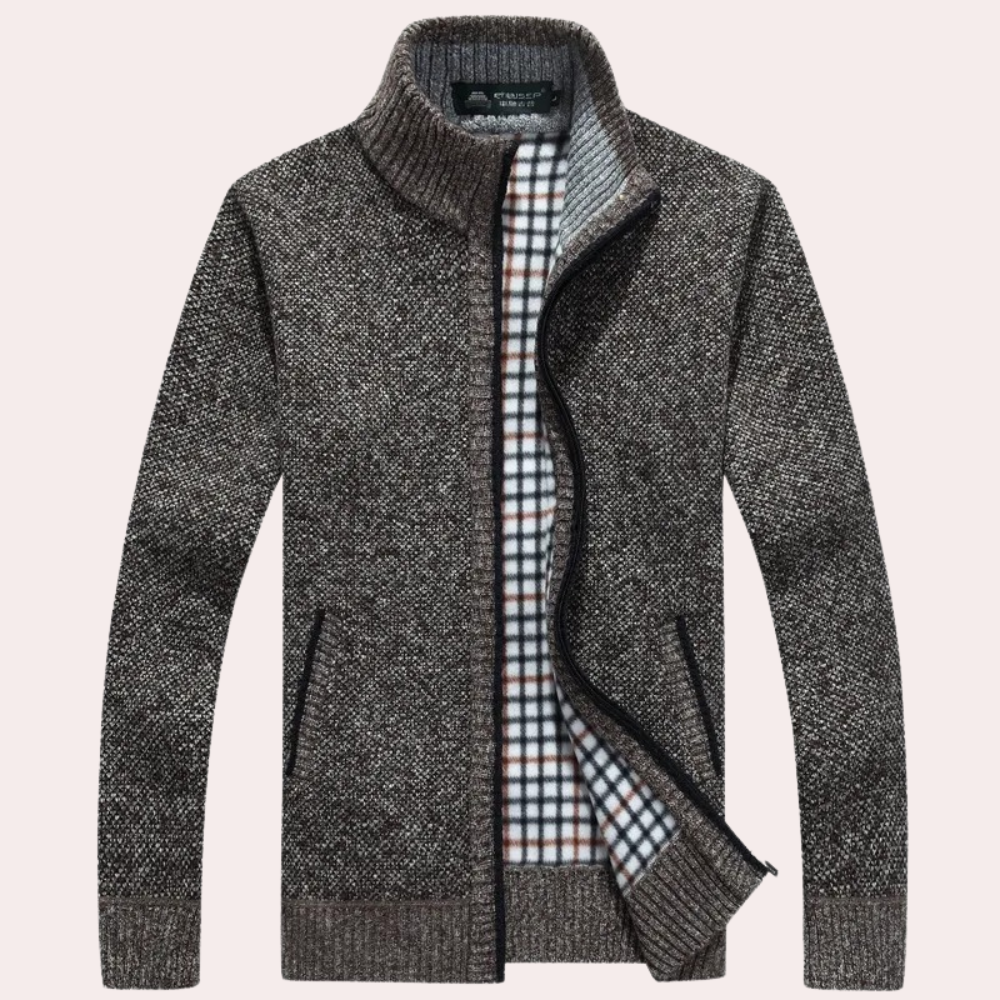 Men's Knitted Zip-Up Cardigan with Plaid Lining and Mock Neck