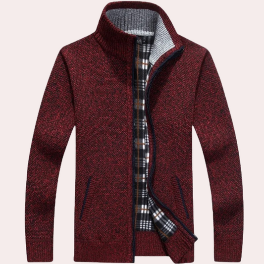 Men's Knitted Zip-Up Cardigan with Plaid Lining and Mock Neck