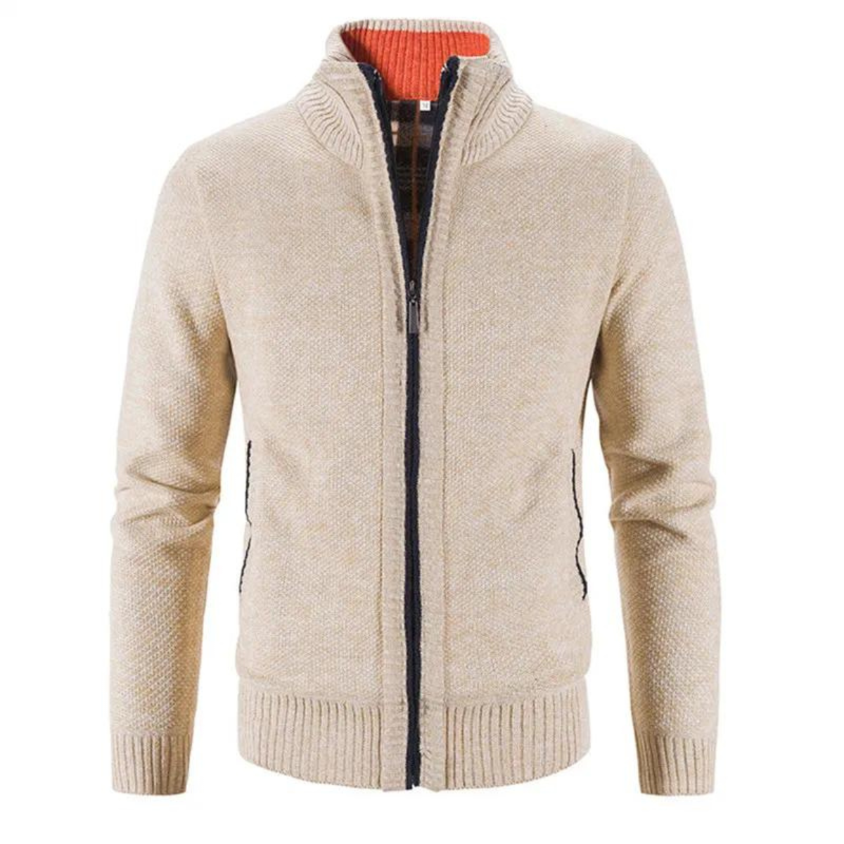 Men's Structured Zip-Up Cardigan with Mock Neck and Contrast Trim