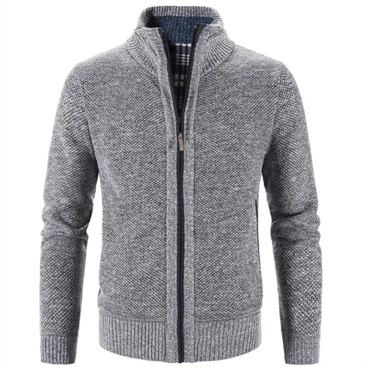 Men's Structured Zip-Up Cardigan with Mock Neck and Contrast Trim