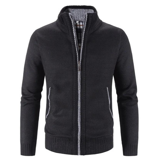Men's Structured Zip-Up Cardigan with Mock Neck and Contrast Trim