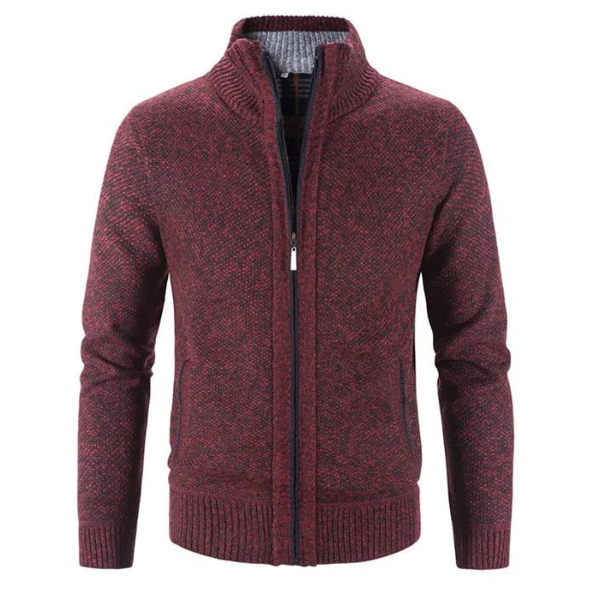 Men's Structured Zip-Up Cardigan with Mock Neck and Contrast Trim