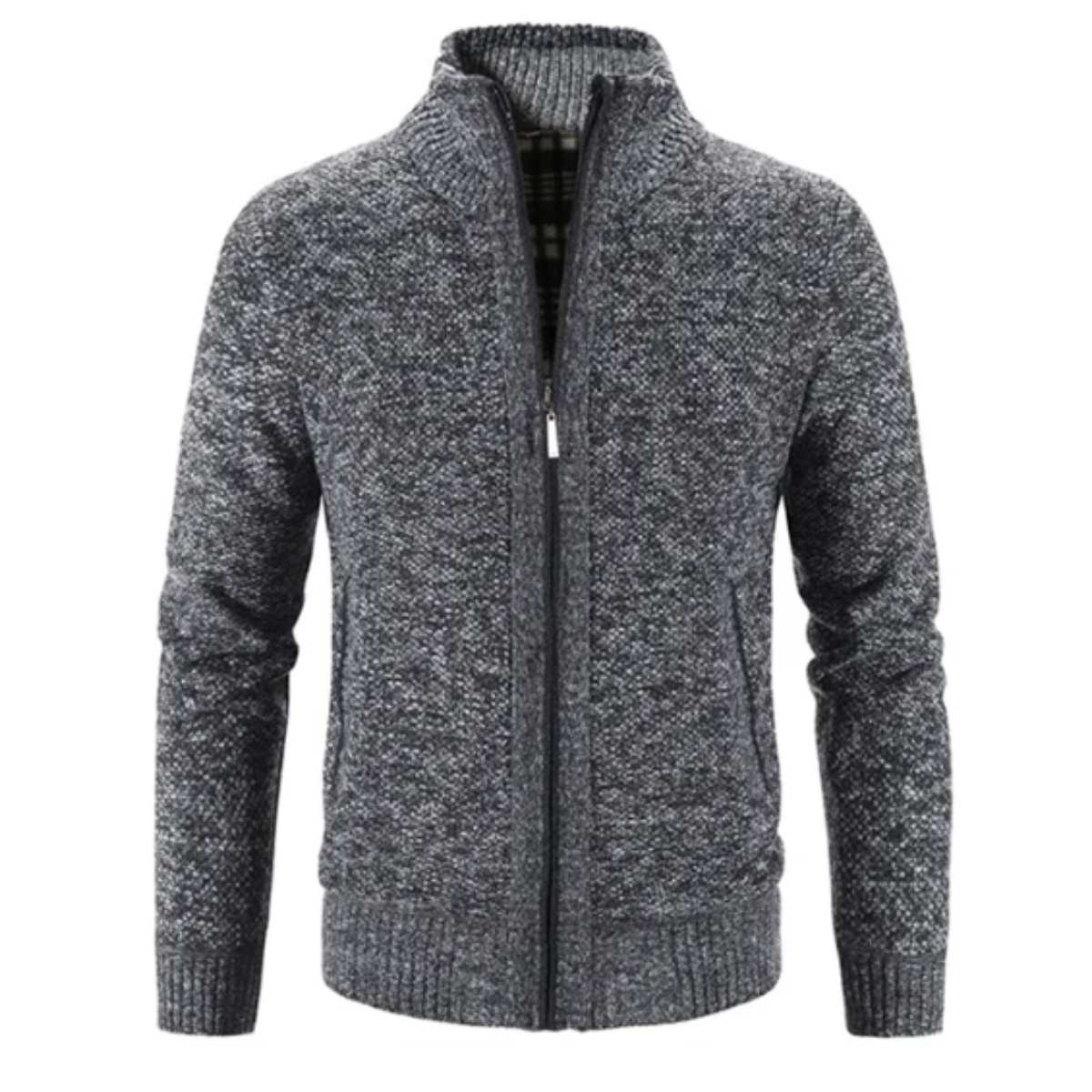 Men's Structured Zip-Up Cardigan with Mock Neck and Contrast Trim